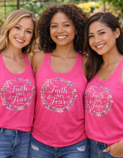 Load image into Gallery viewer, Faith Over Fear Christian Racerback Tank – Floral Faith Tank Top for Women – Inspirational Church Summer Tank – Christian Gift for Her
