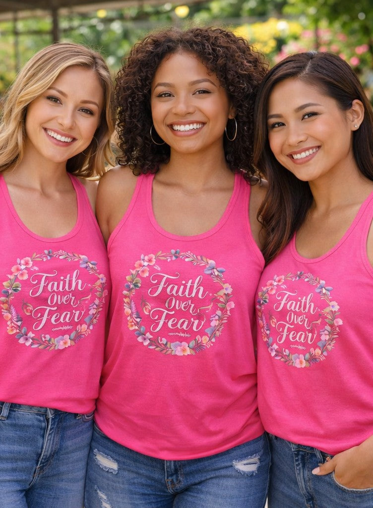 Faith Over Fear Christian Racerback Tank – Floral Faith Tank Top for Women – Inspirational Church Summer Tank – Christian Gift for Her