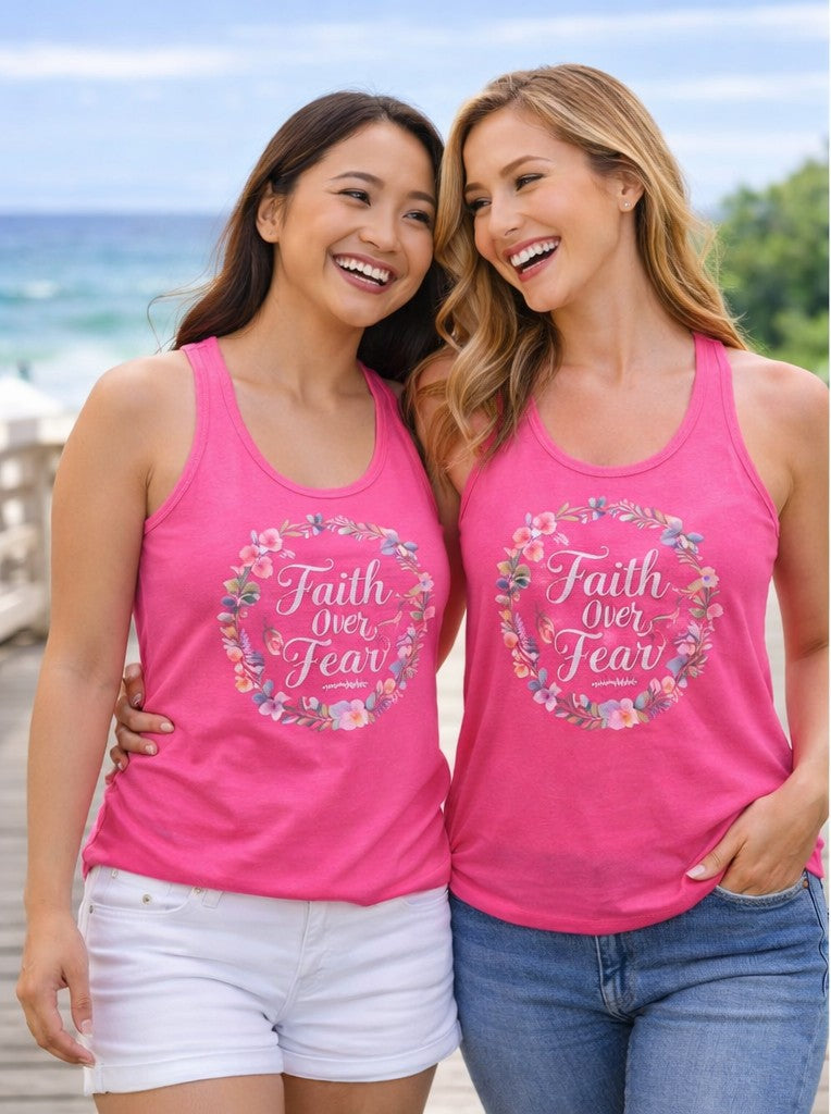 Faith Over Fear Christian Racerback Tank – Floral Faith Tank Top for Women – Inspirational Church Summer Tank – Christian Gift for Her