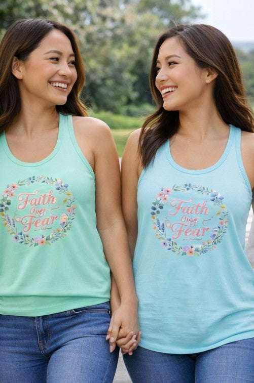 Faith Over Fear Christian Racerback Tank – Floral Faith Tank Top for Women – Inspirational Church Summer Tank – Christian Gift for Her