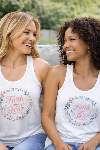 Load image into Gallery viewer, Faith Over Fear Christian Racerback Tank – Floral Faith Tank Top for Women – Inspirational Church Summer Tank – Christian Gift for Her
