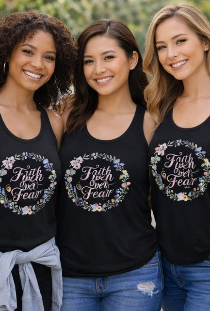Load image into Gallery viewer, Faith Over Fear Christian Racerback Tank – Floral Faith Tank Top for Women – Inspirational Church Summer Tank – Christian Gift for Her
