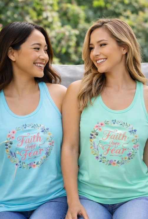Faith Over Fear Christian Racerback Tank – Floral Faith Tank Top for Women – Inspirational Church Summer Tank – Christian Gift for Her