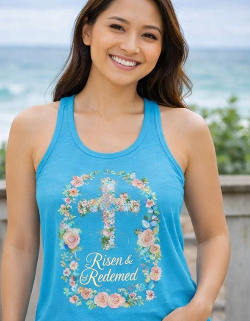 Load image into Gallery viewer, Blessed &amp; Redeemed Women's Christian Tank Top – Cross Faith Shirt – Inspirational Christian Summer Apparel
