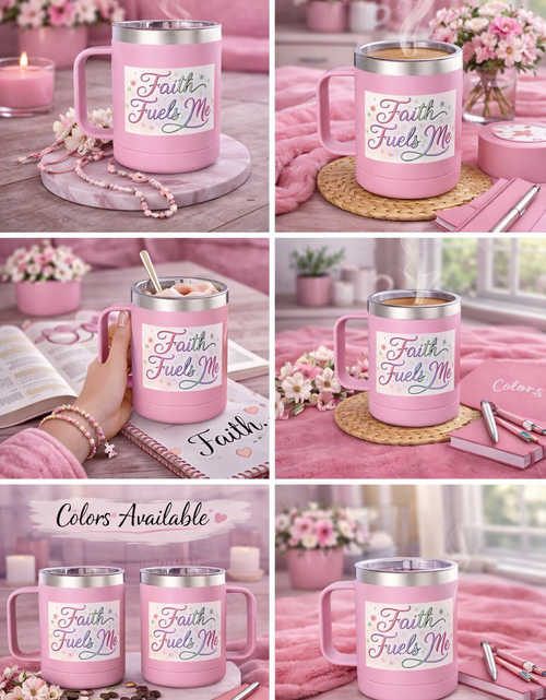 Load image into Gallery viewer, 15oz Insulated Coffee Tumbler Mug — "Faith Fuels Me" Pastel Star Design
