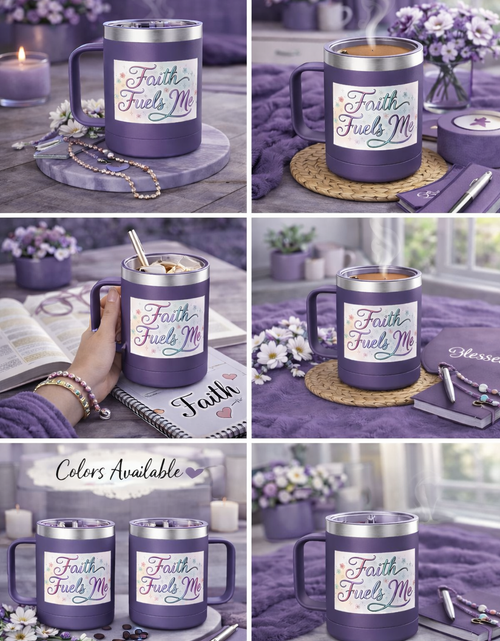Load image into Gallery viewer, 15oz Insulated Coffee Tumbler Mug — "Faith Fuels Me" Pastel Star Design
