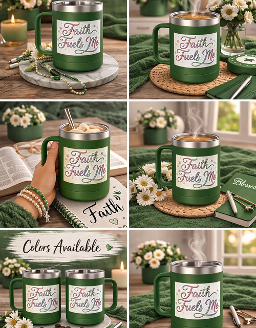 Load image into Gallery viewer, 15oz Insulated Coffee Tumbler Mug — "Faith Fuels Me" Pastel Star Design
