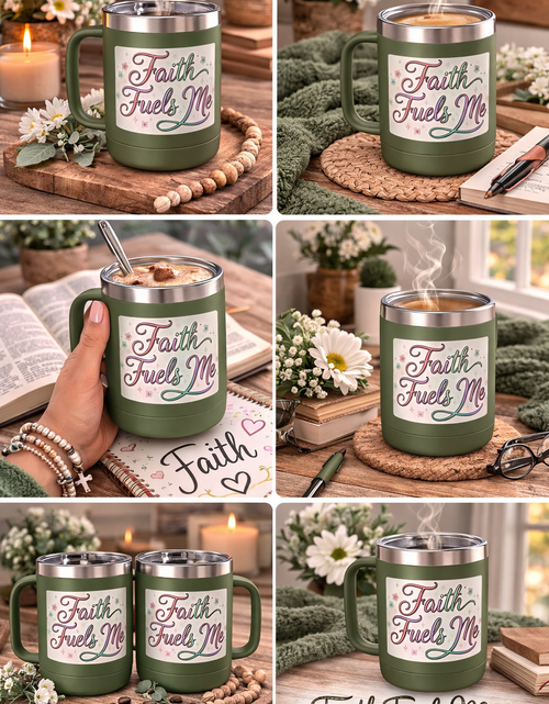 Load image into Gallery viewer, 15oz Insulated Coffee Tumbler Mug — "Faith Fuels Me" Pastel Star Design
