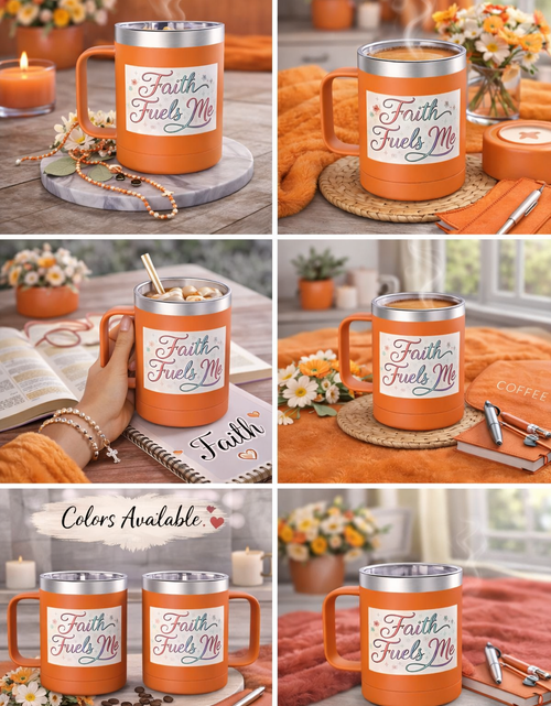 Load image into Gallery viewer, 15oz Insulated Coffee Tumbler Mug — "Faith Fuels Me" Pastel Star Design
