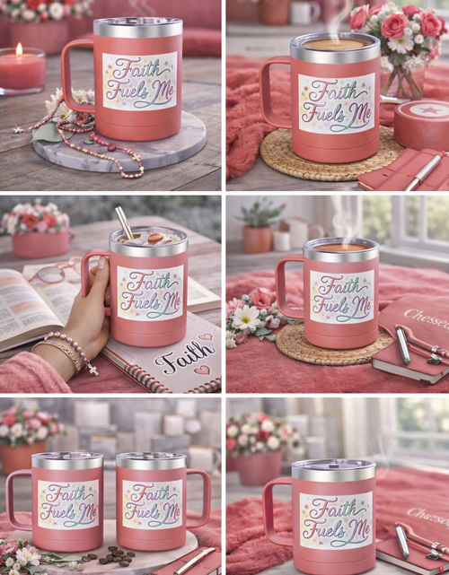 Load image into Gallery viewer, 15oz Insulated Coffee Tumbler Mug — "Faith Fuels Me" Pastel Star Design
