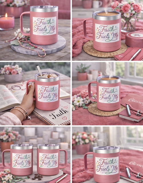 Load image into Gallery viewer, 15oz Insulated Coffee Tumbler Mug — "Faith Fuels Me" Pastel Star Design
