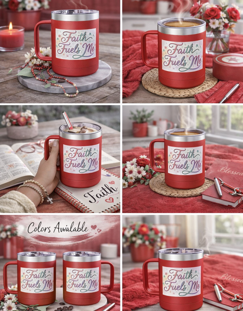 Load image into Gallery viewer, 15oz Insulated Coffee Tumbler Mug — "Faith Fuels Me" Pastel Star Design
