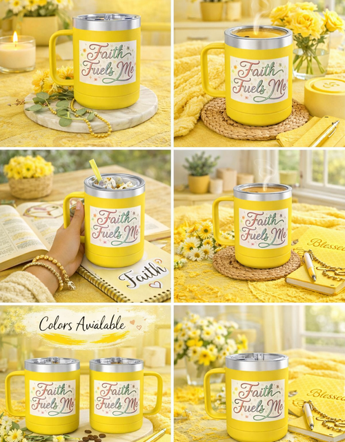 Load image into Gallery viewer, 15oz Insulated Coffee Tumbler Mug — "Faith Fuels Me" Pastel Star Design
