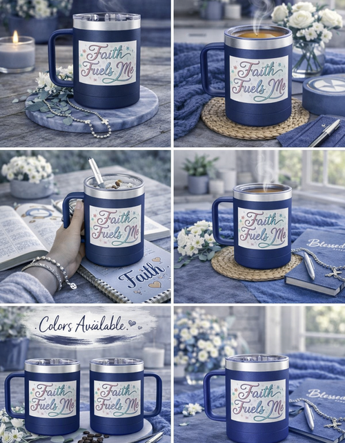 Load image into Gallery viewer, 15oz Insulated Coffee Tumbler Mug — "Faith Fuels Me" Pastel Star Design
