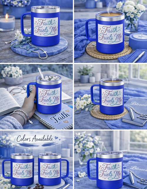 Load image into Gallery viewer, 15oz Insulated Coffee Tumbler Mug — "Faith Fuels Me" Pastel Star Design
