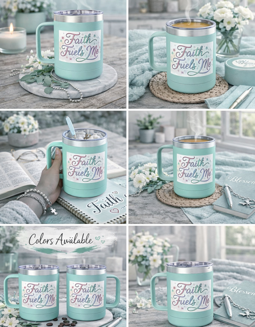 Load image into Gallery viewer, 15oz Insulated Coffee Tumbler Mug — "Faith Fuels Me" Pastel Star Design
