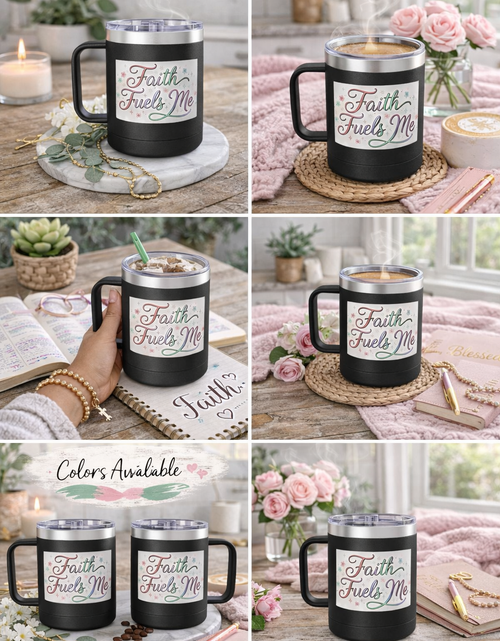 Load image into Gallery viewer, 15oz Insulated Coffee Tumbler Mug — "Faith Fuels Me" Pastel Star Design
