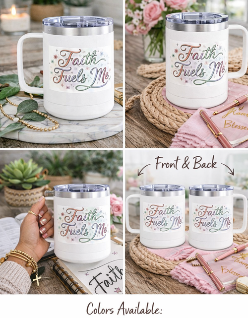 Load image into Gallery viewer, 15oz Insulated Coffee Tumbler Mug — "Faith Fuels Me" Pastel Star Design
