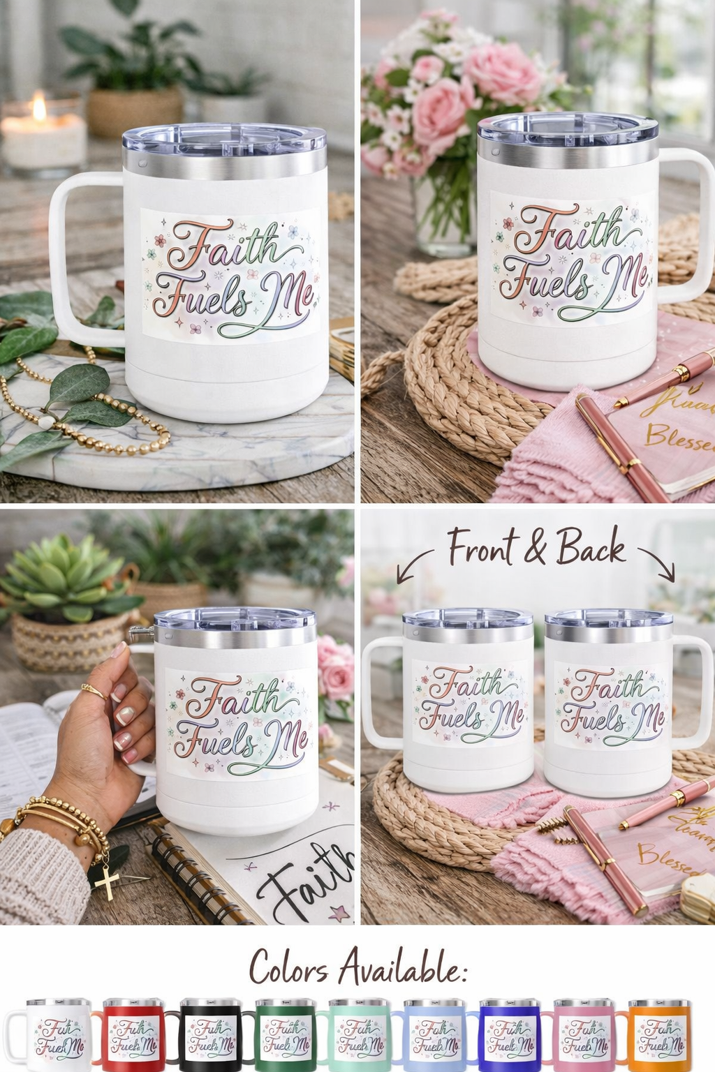 15oz Insulated Coffee Tumbler Mug — "Faith Fuels Me" Pastel Star Design