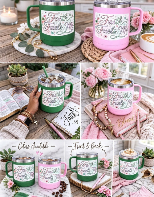 Load image into Gallery viewer, 15oz Insulated Coffee Tumbler Mug — "Faith Fuels Me" Pastel Star Design
