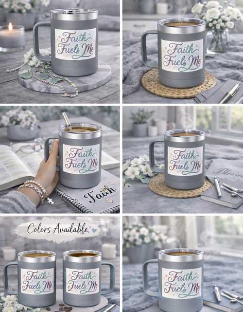 Load image into Gallery viewer, 15oz Insulated Coffee Tumbler Mug — "Faith Fuels Me" Pastel Star Design

