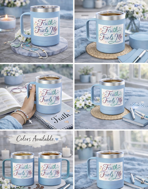 Load image into Gallery viewer, 15oz Insulated Coffee Tumbler Mug — "Faith Fuels Me" Pastel Star Design
