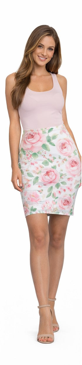 Pink Floral Pencil Skirt for Women | Romantic Rose Print Skirt | Elegant Spring Summer Outfit | Office Chic Midi Skirt