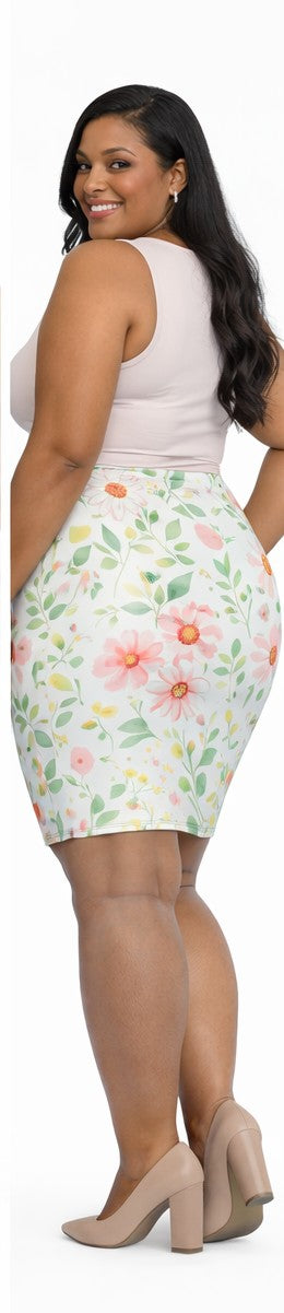 Pink Daisy Floral Pencil Skirt for Women | Soft Watercolor Spring Skirt | Feminine Garden Outfit | Elegant Mid-Waist Skirt