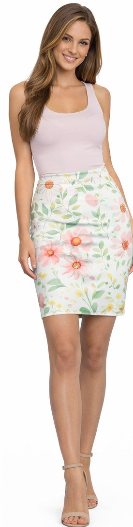 Pink Daisy Floral Pencil Skirt for Women | Soft Watercolor Spring Skirt | Feminine Garden Outfit | Elegant Mid-Waist Skirt