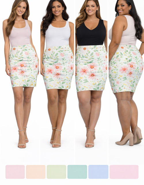 Load image into Gallery viewer, Pink Daisy Floral Pencil Skirt for Women | Soft Watercolor Spring Skirt | Feminine Garden Outfit | Elegant Mid-Waist Skirt
