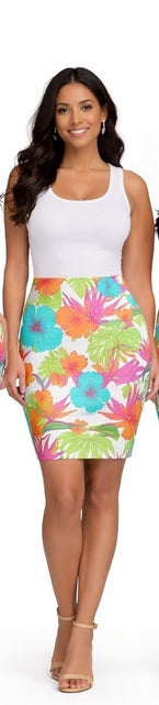 Load image into Gallery viewer, Tropical Hibiscus Pencil Skirt for Women | Bright Floral Summer Skirt | Vacation Beach Outfit | Colorful Mid-Waist Skirt
