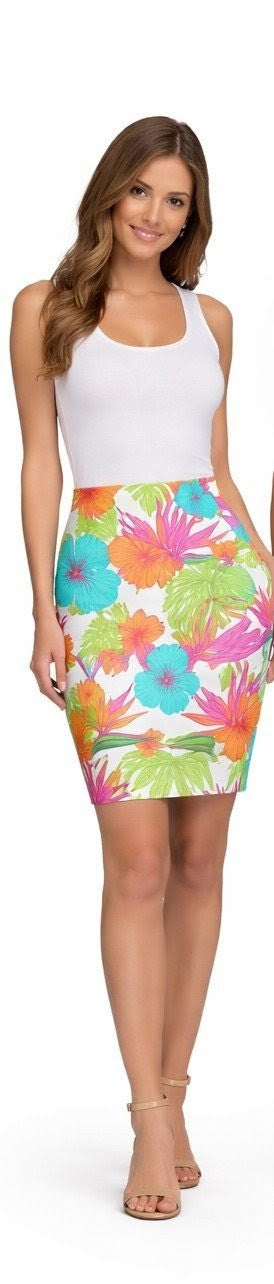 Tropical Hibiscus Pencil Skirt for Women | Bright Floral Summer Skirt | Vacation Beach Outfit | Colorful Mid-Waist Skirt