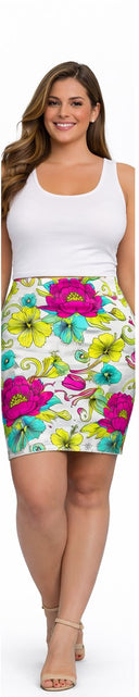 Load image into Gallery viewer, Floral Pencil Skirt – Bright Pink &amp; Teal Garden Print Midi Skirt, Colorful Boho Chic Summer Outfit, Office to Party Wear
