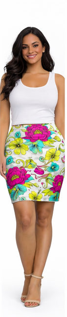 Load image into Gallery viewer, Floral Pencil Skirt – Bright Pink &amp; Teal Garden Print Midi Skirt, Colorful Boho Chic Summer Outfit, Office to Party Wear
