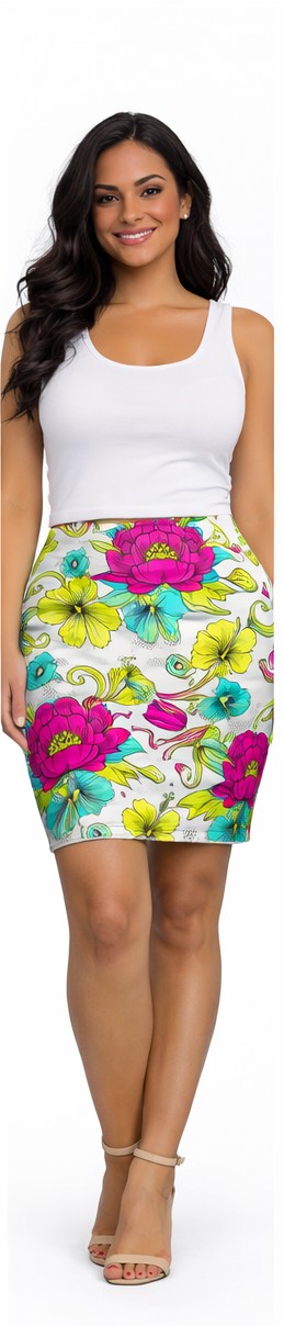 Floral Pencil Skirt – Bright Pink & Teal Garden Print Midi Skirt, Colorful Boho Chic Summer Outfit, Office to Party Wear