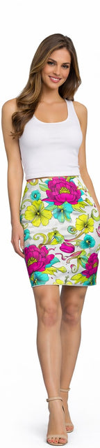 Load image into Gallery viewer, Floral Pencil Skirt – Bright Pink &amp; Teal Garden Print Midi Skirt, Colorful Boho Chic Summer Outfit, Office to Party Wear
