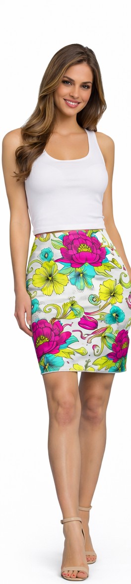 Floral Pencil Skirt – Bright Pink & Teal Garden Print Midi Skirt, Colorful Boho Chic Summer Outfit, Office to Party Wear
