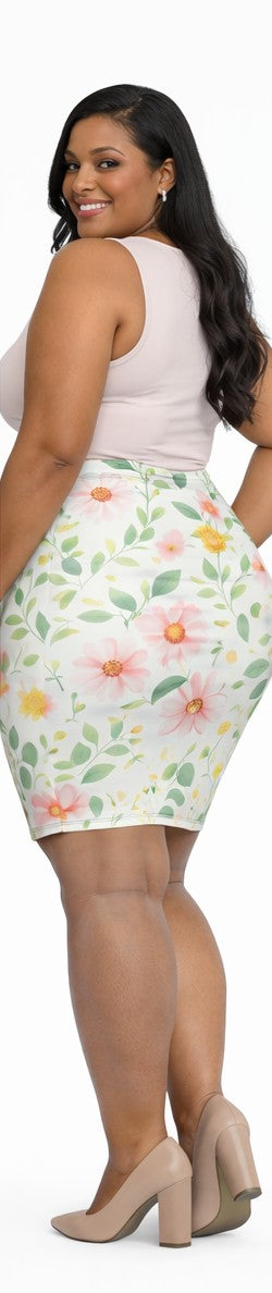 Pink Daisy Watercolor Pencil Skirt for Women | Soft Floral Spring Skirt | Feminine Pastel Outfit | Mid-Waist Everyday Skirt