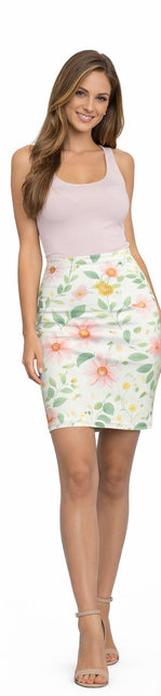 Load image into Gallery viewer, Pink Daisy Watercolor Pencil Skirt for Women | Soft Floral Spring Skirt | Feminine Pastel Outfit | Mid-Waist Everyday Skirt
