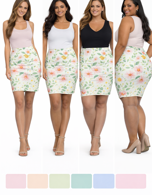 Load image into Gallery viewer, Pink Daisy Watercolor Pencil Skirt for Women | Soft Floral Spring Skirt | Feminine Pastel Outfit | Mid-Waist Everyday Skirt
