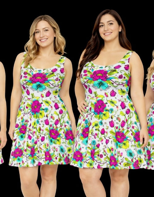 Load image into Gallery viewer, Vibrant Floral Skater Dress, Women’s Colorful Summer Sundress, Bold Boho Dress, Bright Garden Party Outfit, Statement Floral Dress
