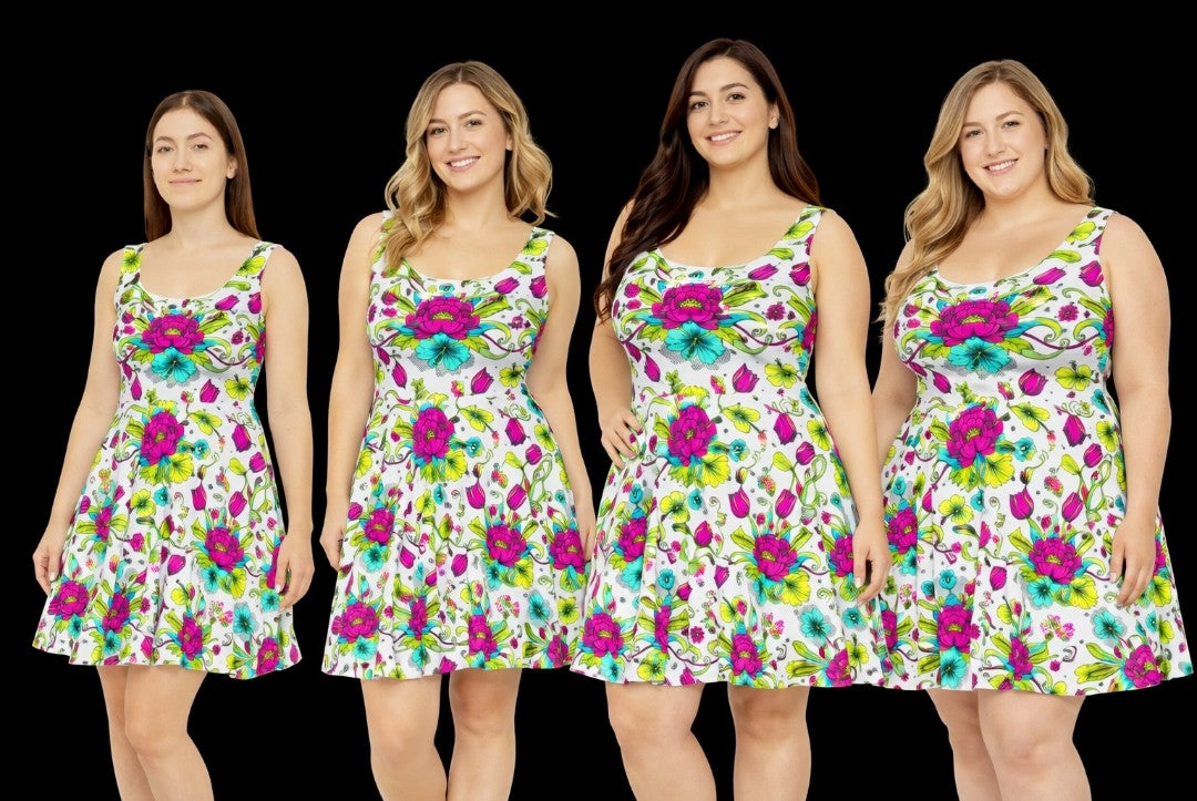Vibrant Floral Skater Dress, Women’s Colorful Summer Sundress, Bold Boho Dress, Bright Garden Party Outfit, Statement Floral Dress