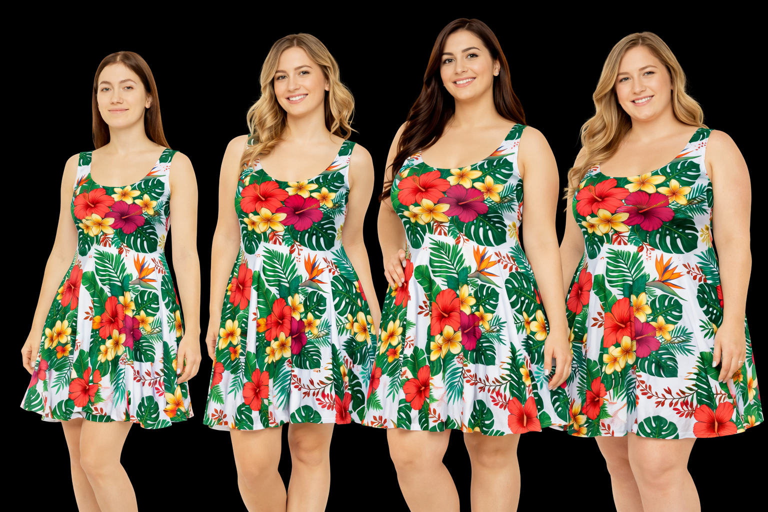 Tropical Floral Skater Dress, Women’s Summer Vacation Sundress, Hawaiian Beach Dress, Island Resort Outfit, Hawaii Style, Bright Hibiscus Floral Dress