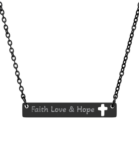 Cutout Cross Bar Necklace — "Faith, Love & Hope" Engraved Religious Pendant