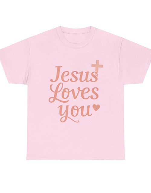 Load image into Gallery viewer, Jesus Loves You T-Shirt – Pink Script Faith Tee with Cross
