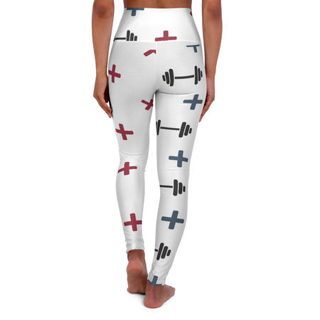 Fitness Barbell Print High-Waist Yoga Leggings — White Cross Pattern