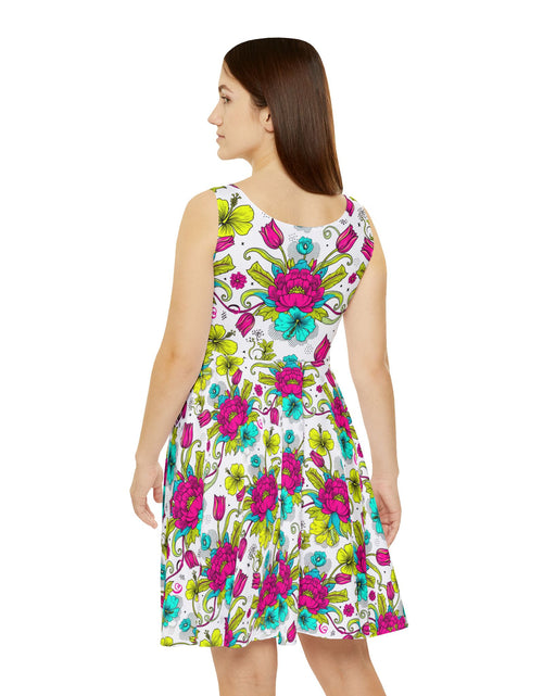 Load image into Gallery viewer, Vibrant Floral Skater Dress, Women’s Colorful Summer Sundress, Bold Boho Dress, Bright Garden Party Outfit, Statement Floral Dress
