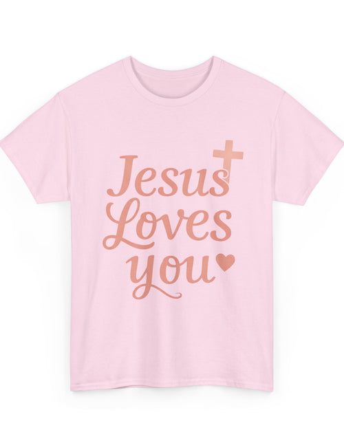 Load image into Gallery viewer, Jesus Loves You T-Shirt – Pink Script Faith Tee with Cross
