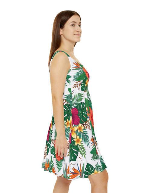Load image into Gallery viewer, Tropical Floral Skater Dress, Women’s Summer Vacation Sundress, Hawaiian Beach Dress, Island Resort Outfit, Hawaii Style, Bright Hibiscus Floral Dress
