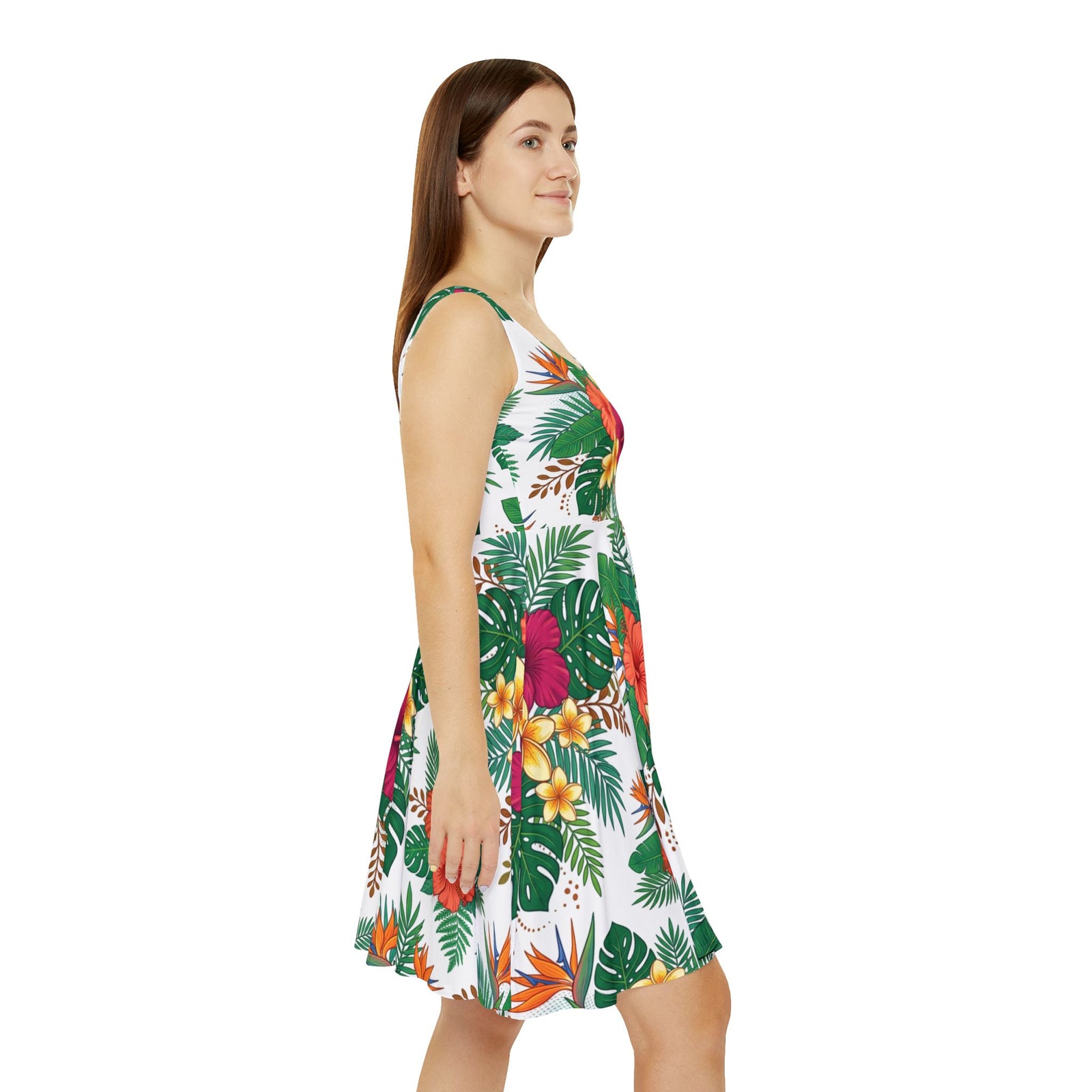 Tropical Floral Skater Dress, Women’s Summer Vacation Sundress, Hawaiian Beach Dress, Island Resort Outfit, Hawaii Style, Bright Hibiscus Floral Dress